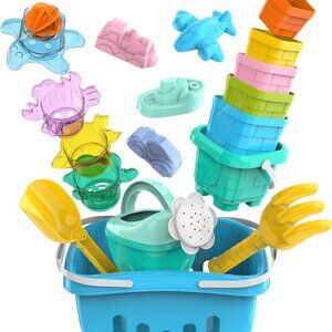 18Pcs Beach Toys Set with Stacking Cups, Watering Can, Bucket, Shovels For Kids